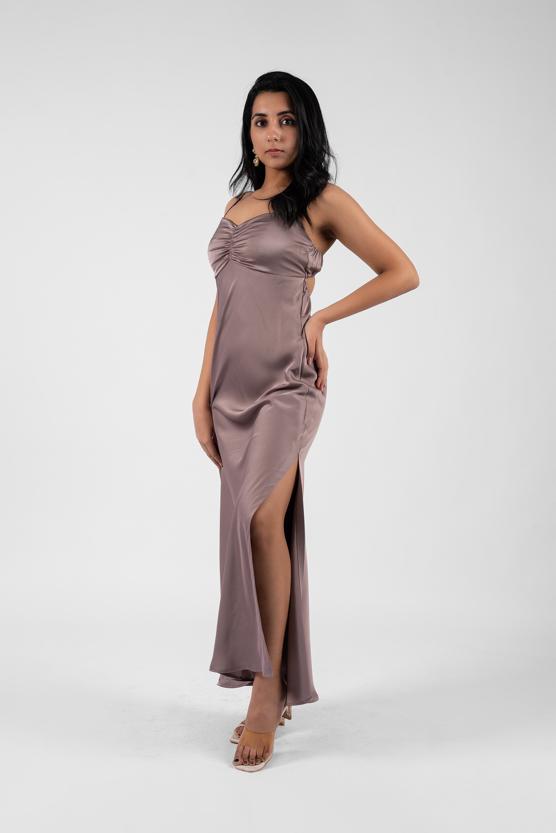 Opulent Satin Gown with Daring Back and Enchanting Front